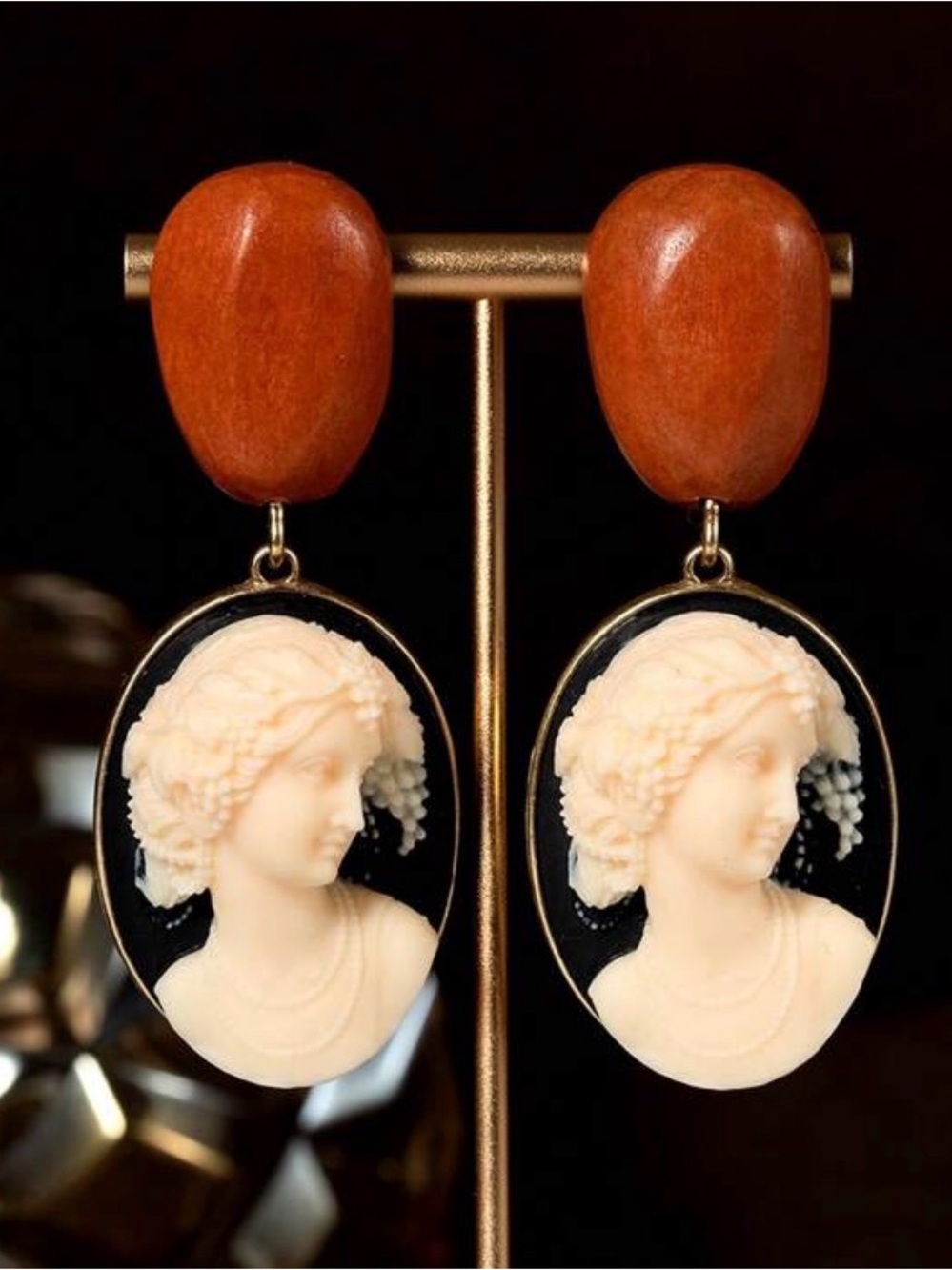 Vintage-Inspired Cameo Drop Earrings in Cream and Black